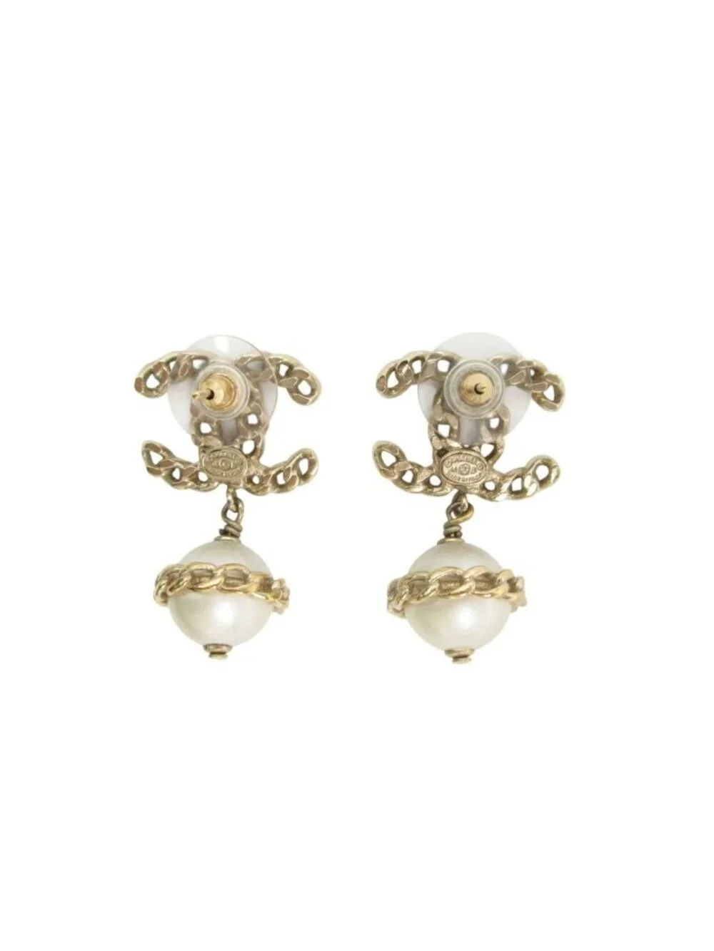 Chanel Earrings CC Logo Faux Pearl Chain Swing Gold
